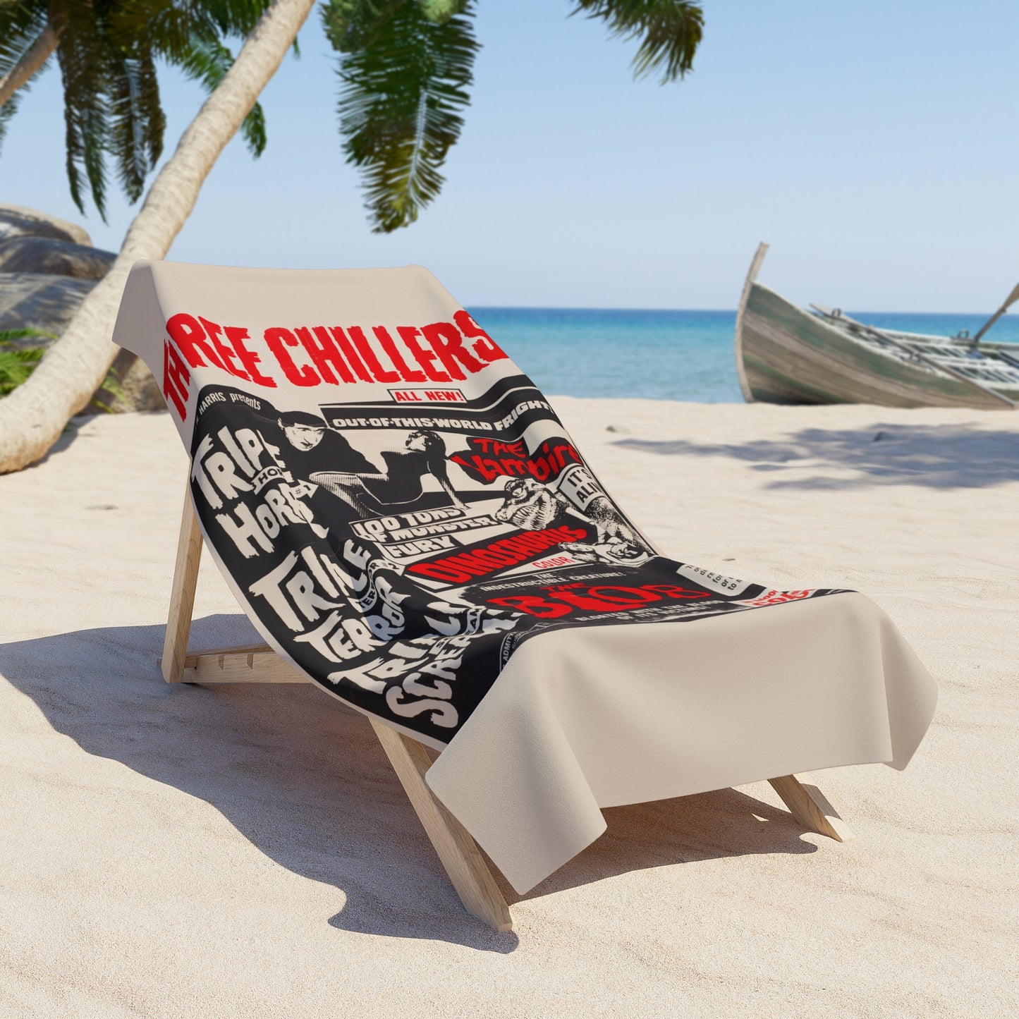Three Chillers Vintage Movie Poster Beach Towel | Retro Horror Movie Towel