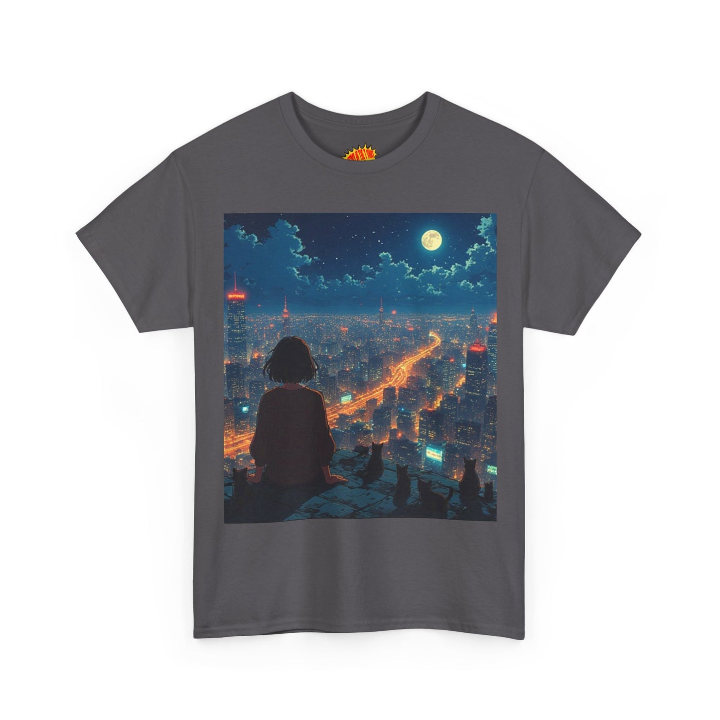 Neon City Anime Night Scene w/Girl & Cats T-Shirt *Multiple Colors*