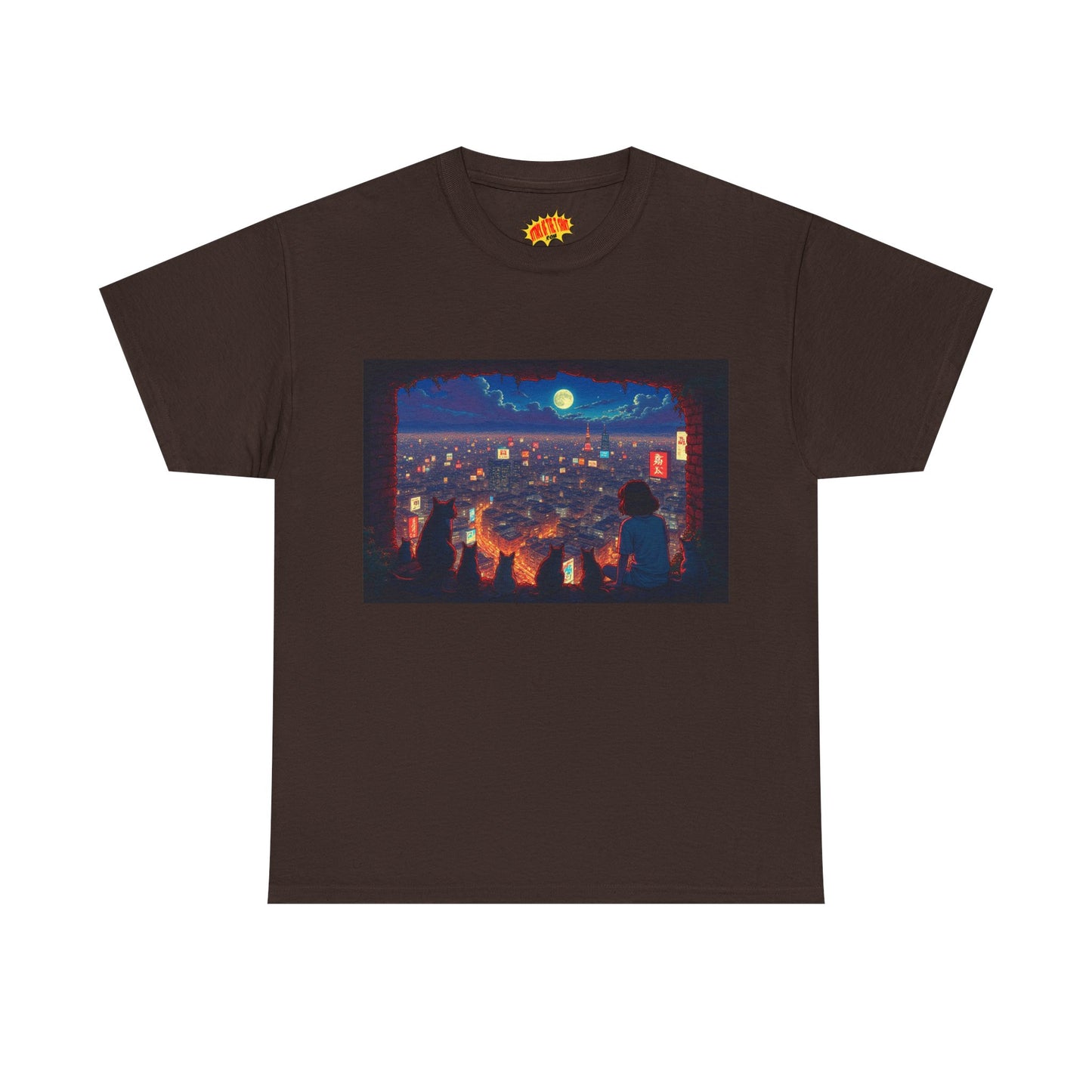 Cityscape Anime Nighttime Scene w/Girl & Cats T-Shirt *Multiple Colors*