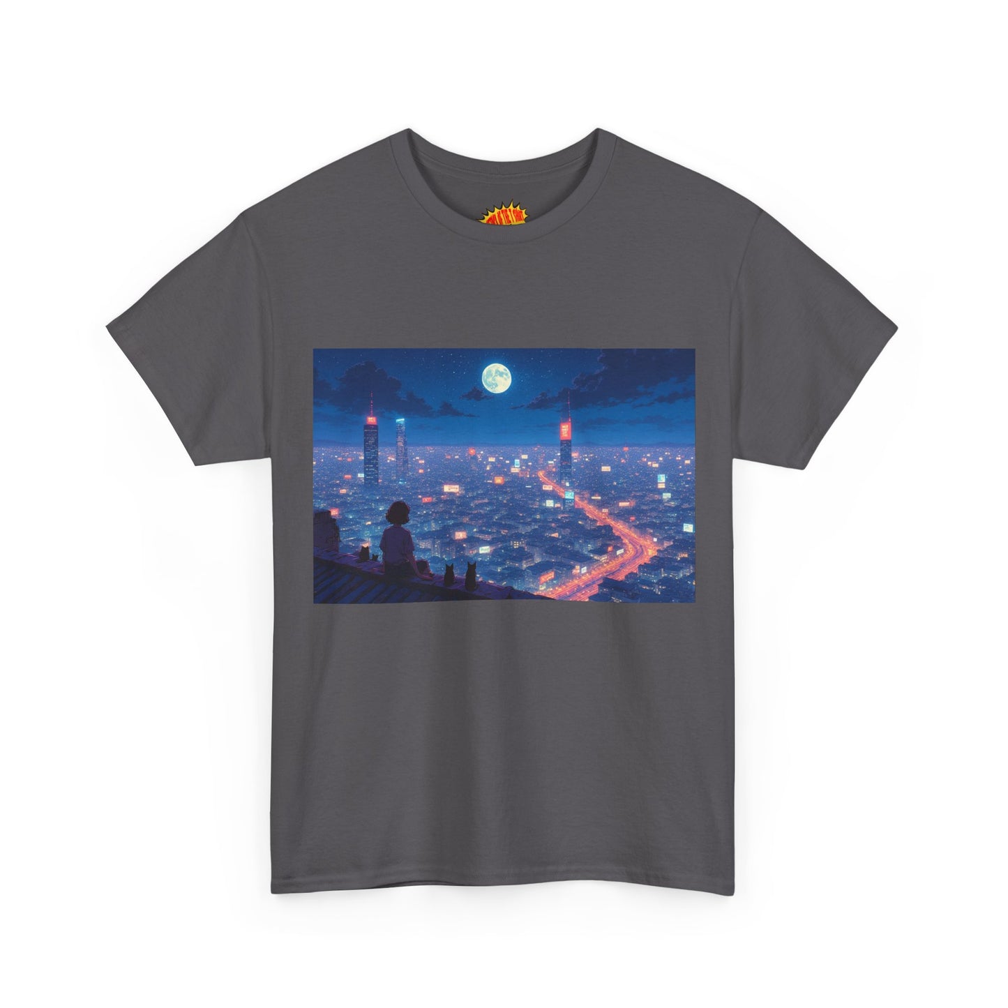Anime Neon City Full Moon Scene w/Girl & Cats T-Shirt *Multiple Colors*