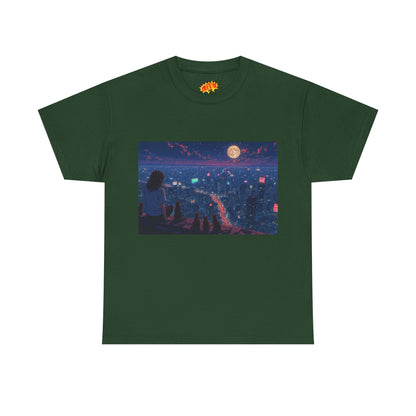Anime Nighttime Cityscape w/Girl & Cats T-Shirt