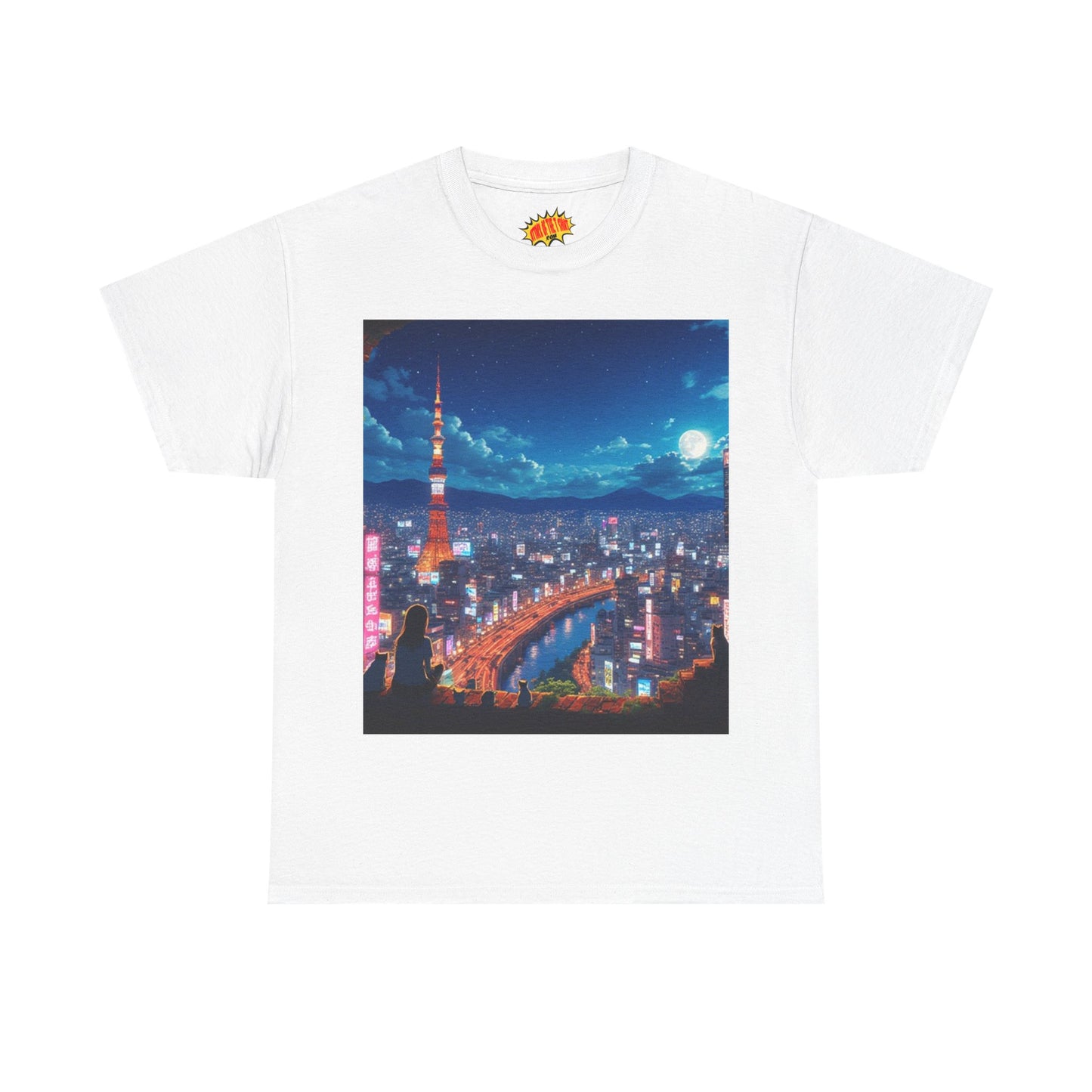 Neon Cityscape Nighttime Anime Scene w/Girl & Cats T-Shirt *Multiple Colors*
