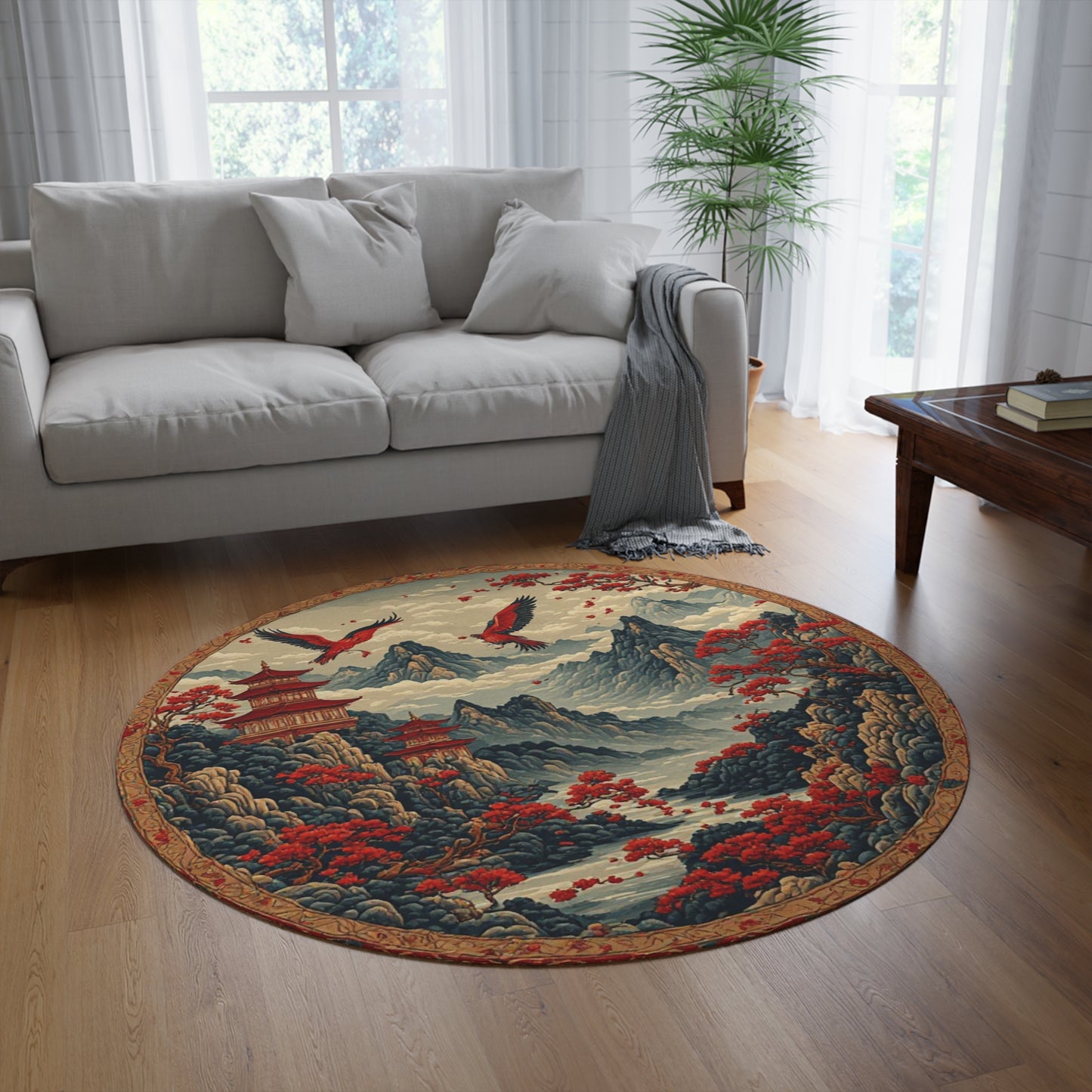 Oriental Style Rug w/Birds + Flowers - 60in Diameter Round Carpet 7
