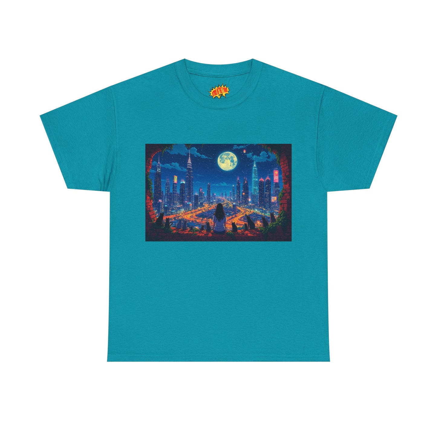 Anime City Night Scene w/Girl & Cats T-Shirt *Multiple Colors*