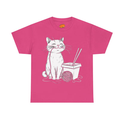 Happy Cat w/Noodles + Yarn Ball Art Drawing Tee Shirt