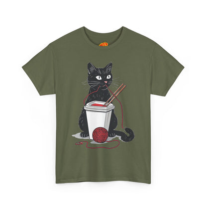 Black Cat w/Noodles + Yarn Ball Art Drawing Tee Shirt