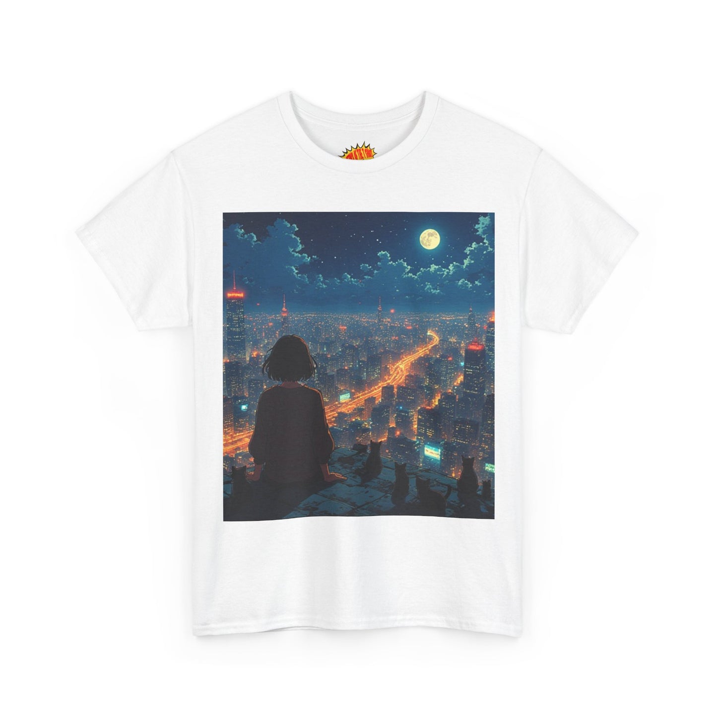 Neon City Anime Night Scene w/Girl & Cats T-Shirt *Multiple Colors*