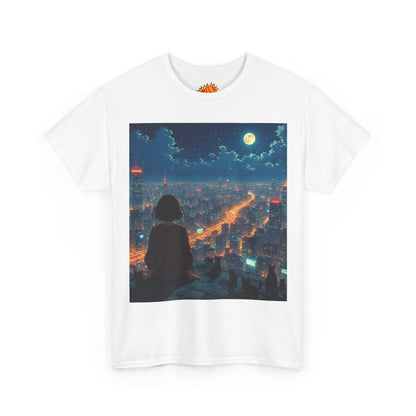 Neon City Anime Night Scene w/Girl & Cats T-Shirt