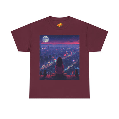 Anime City Neon Night Scene w/Girl & Cats T-Shirt