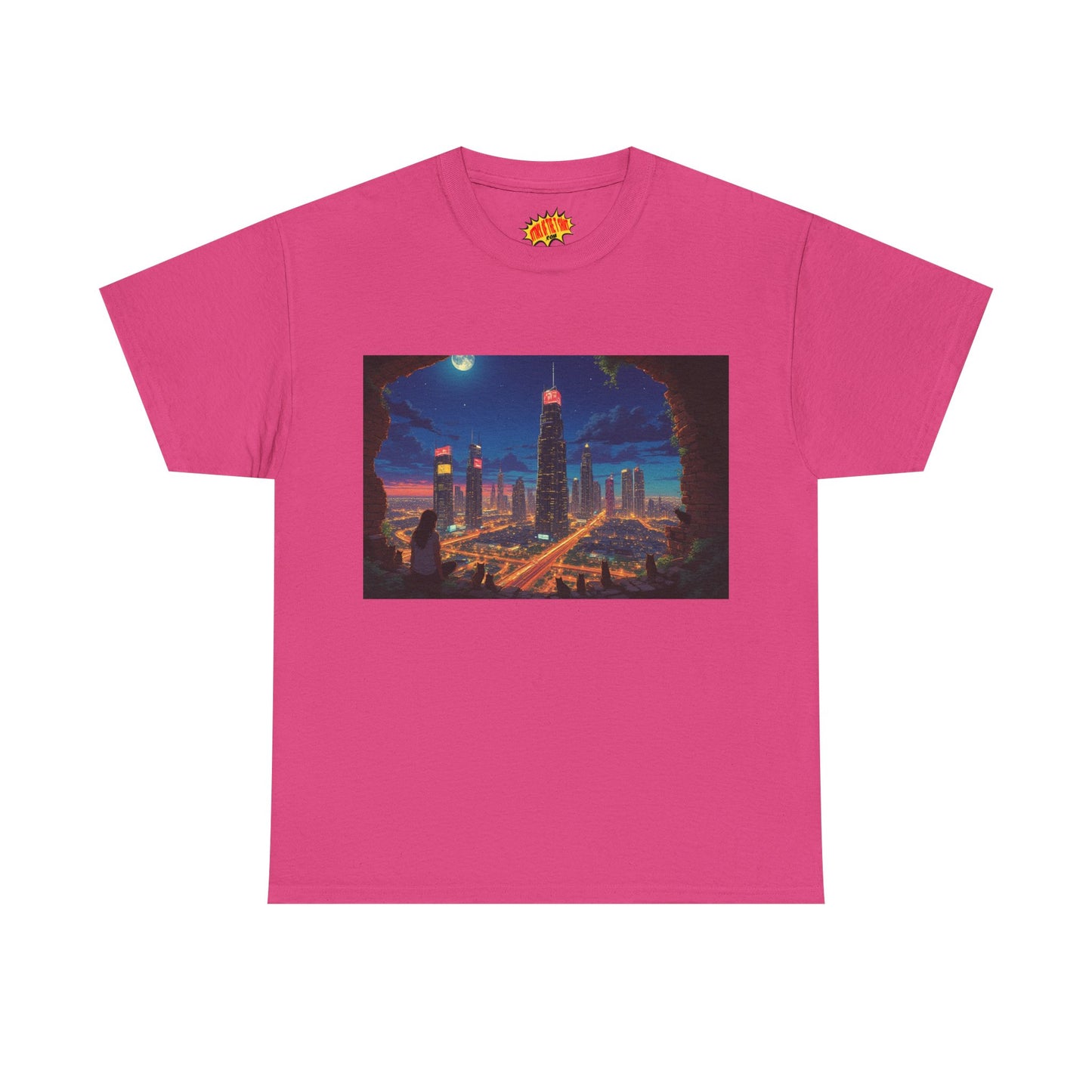 Anime Cityscape Night Scene w/Girl & Cats T-Shirt *Multiple Colors*