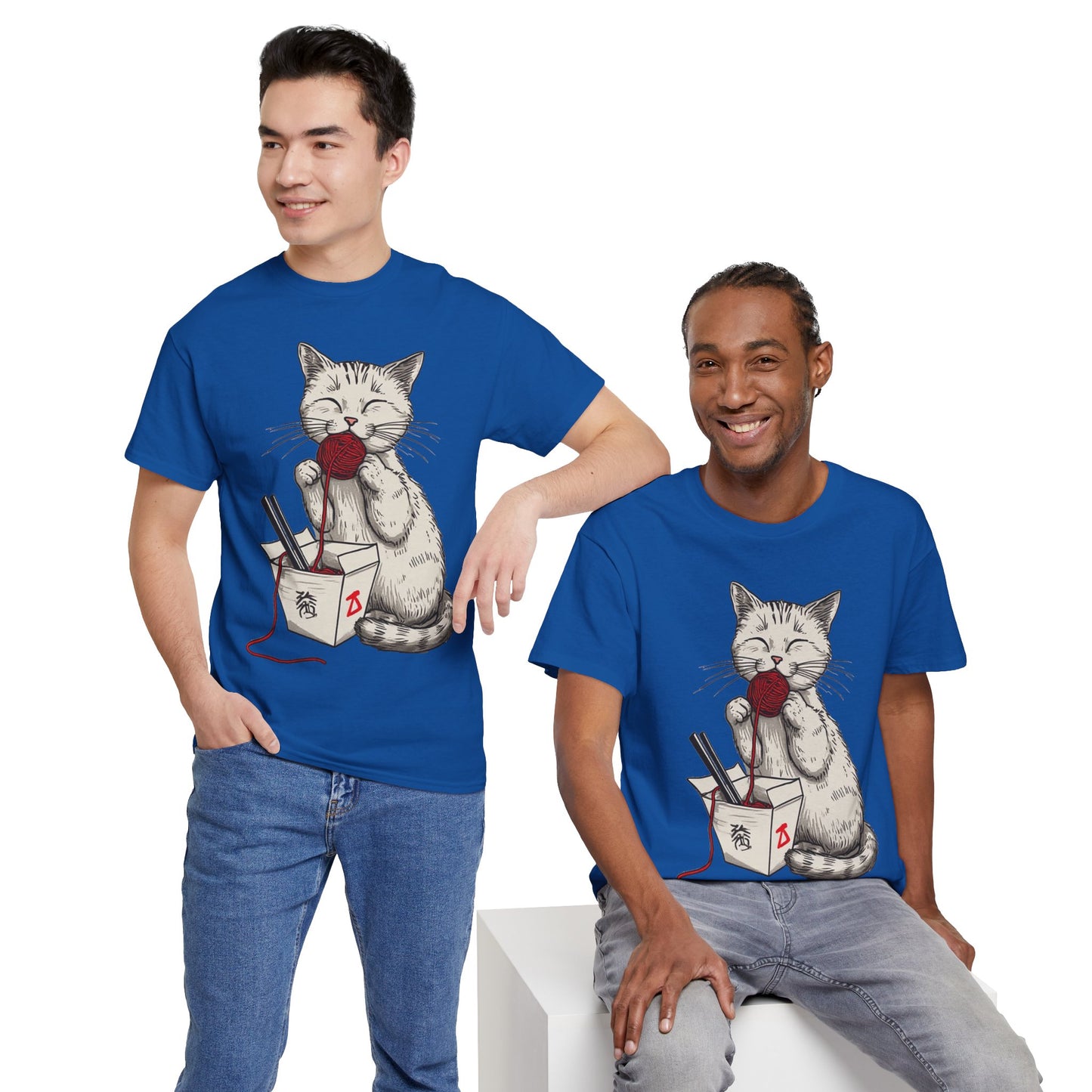 Cat w/Takeout Yarn Noodles Art Tee Shirt *Multiple Colors*