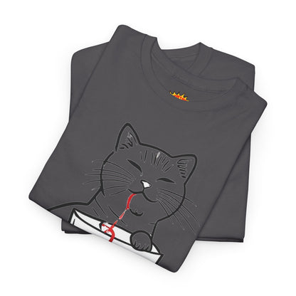 Cat w/Noodle Cup + Yarn Ball Art Drawing Tee Shirt