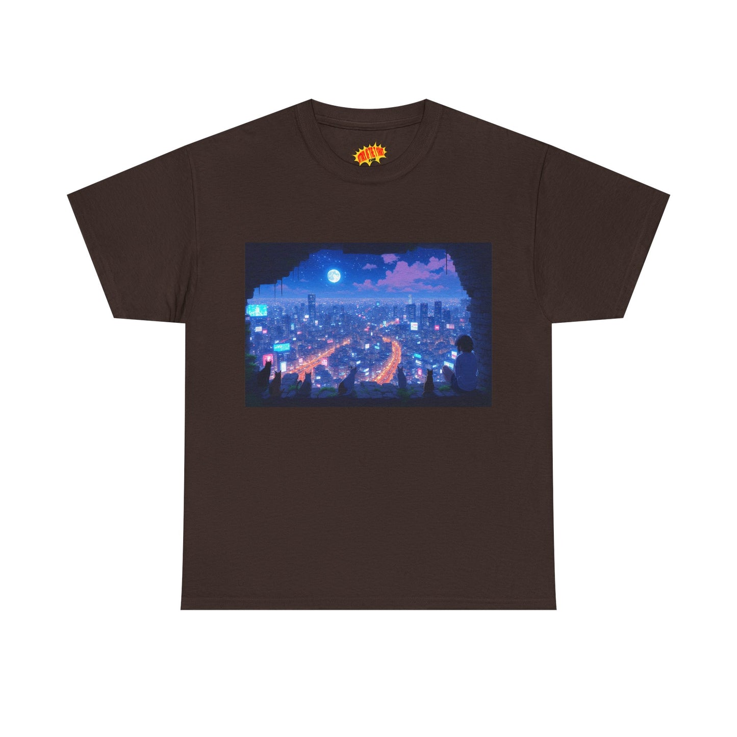 Anime Neon Cityscape Night Scene w/Girl & Cats T-Shirt *Multiple Colors*