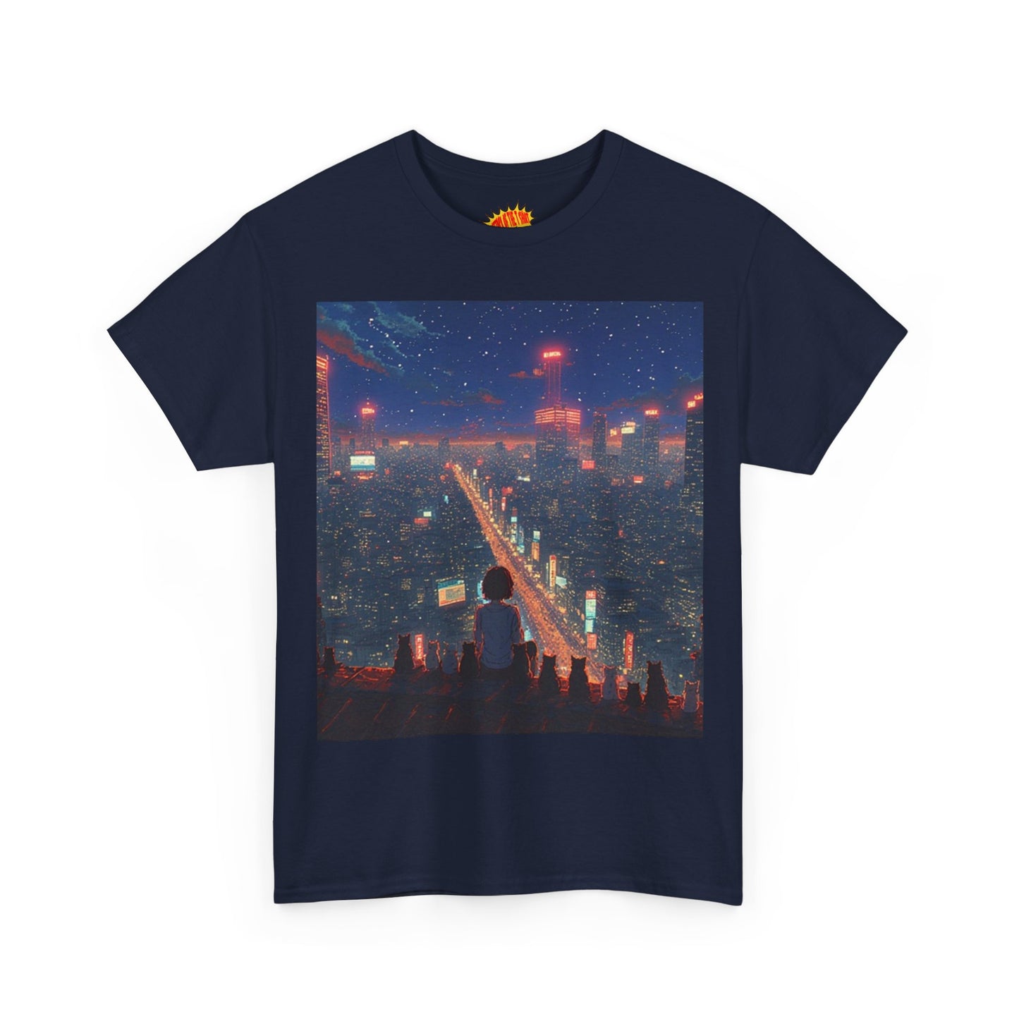 Nighttime Neon Anime City Scene w/Girl & Cats T-Shirt *Multiple Colors*