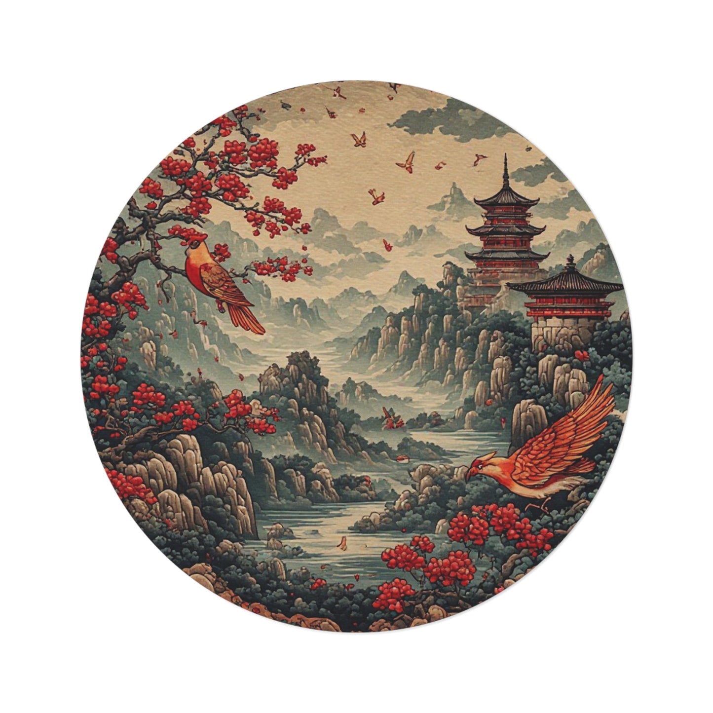 Oriental Style Rug w/Birds + Flowers - 60in Diameter Round Carpet 10