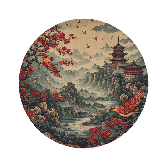 Oriental Style Rug w/Birds + Flowers - 60in Diameter Round Carpet 10