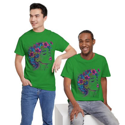 Multicolor Line Drawing Human Flower Graphic Art Tee Shirt