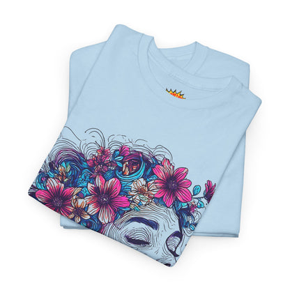 Multicolor Line Drawing Human Flower Graphic Art Tee Shirt