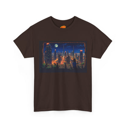 Neon Anime Cityscape Full Moon w/Girl & Cats T-Shirt