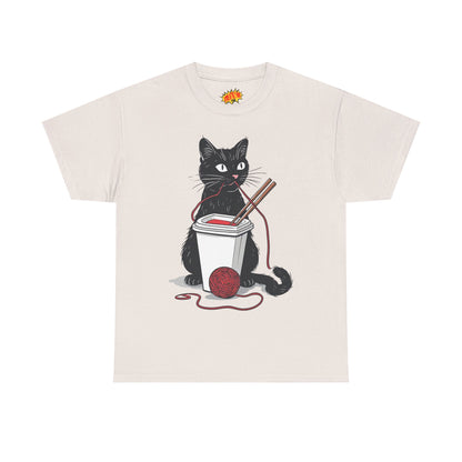 Black Cat w/Noodles + Yarn Ball Art Drawing Tee Shirt