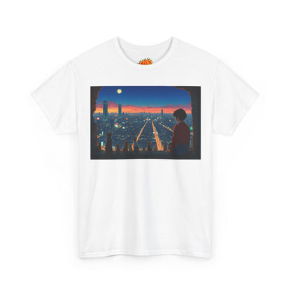 Neon Cityscape Anime Scene w/Girl & Cats T-Shirt