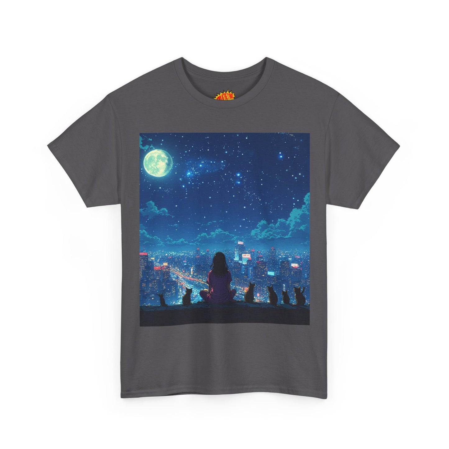 Anime Full Moon City Scene w/Girl & Cats T-Shirt *Multiple Colors*