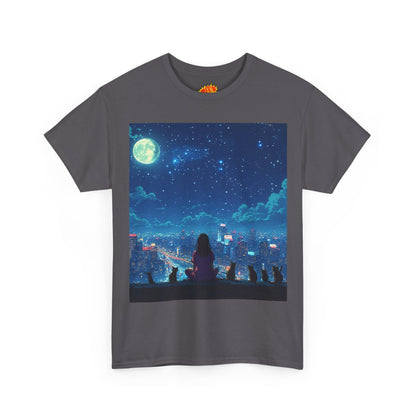 Anime Full Moon City Scene w/Girl & Cats T-Shirt