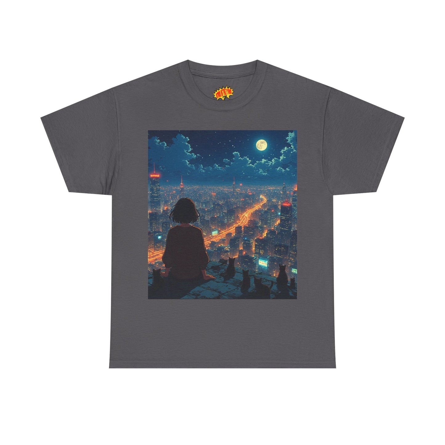 Neon City Anime Night Scene w/Girl & Cats T-Shirt *Multiple Colors*