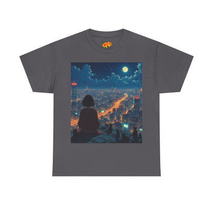 Neon City Anime Night Scene w/Girl & Cats T-Shirt