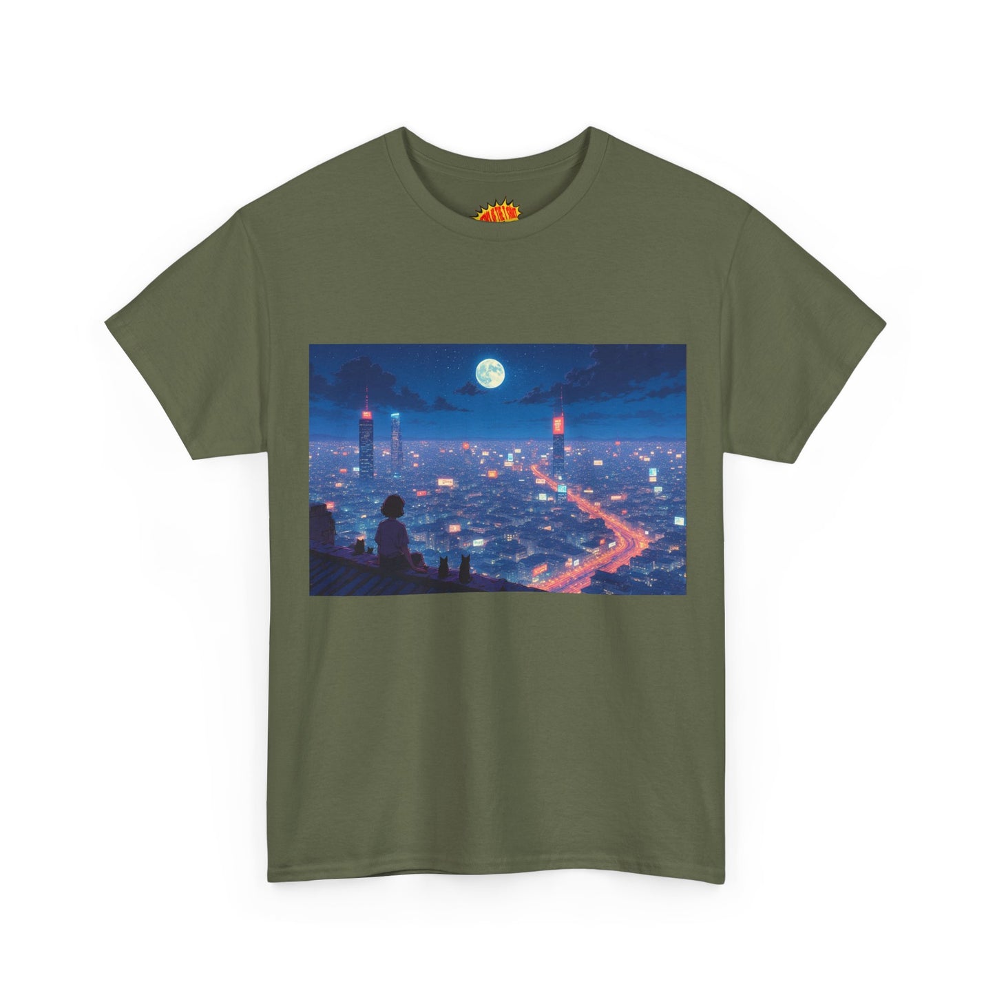 Anime Neon City Full Moon Scene w/Girl & Cats T-Shirt *Multiple Colors*