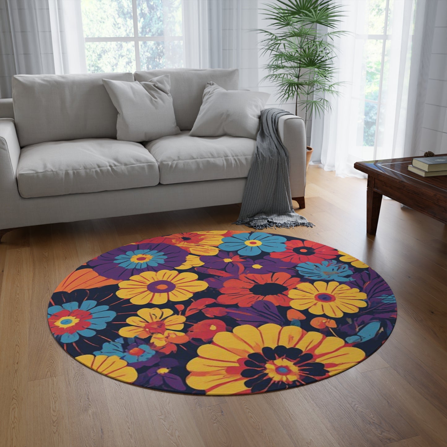 Retro Flower Pattern 60's/70's Style Area Rug - 60in Diameter Round Rug
