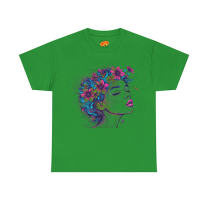 Multicolor Line Drawing Human Flower Graphic Art Tee Shirt