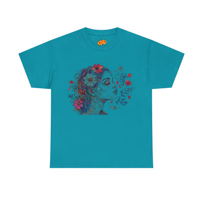 Multicolor Line Drawing Human Graphic Flower Art Tee Shirt
