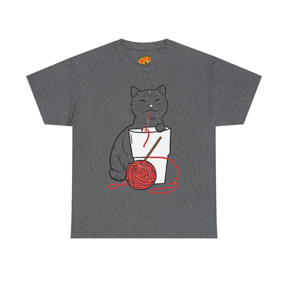 Cat w/Noodle Cup + Yarn Ball Art Drawing Tee Shirt