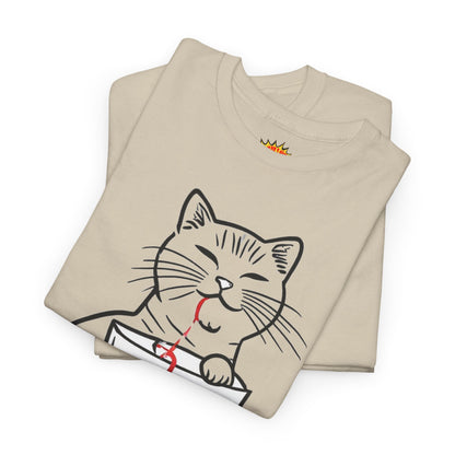 Cat w/Noodle Cup + Yarn Ball Art Drawing Tee Shirt