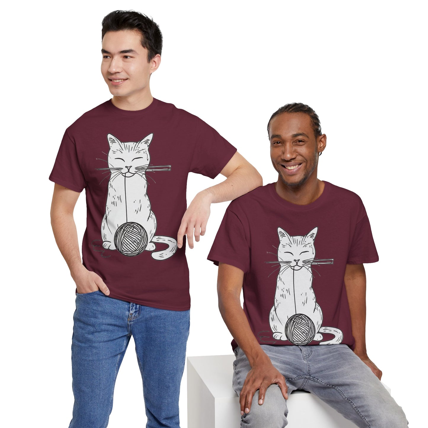 White Cat w/Yarn Ball Art Drawing Tee Shirt *Multiple Colors*