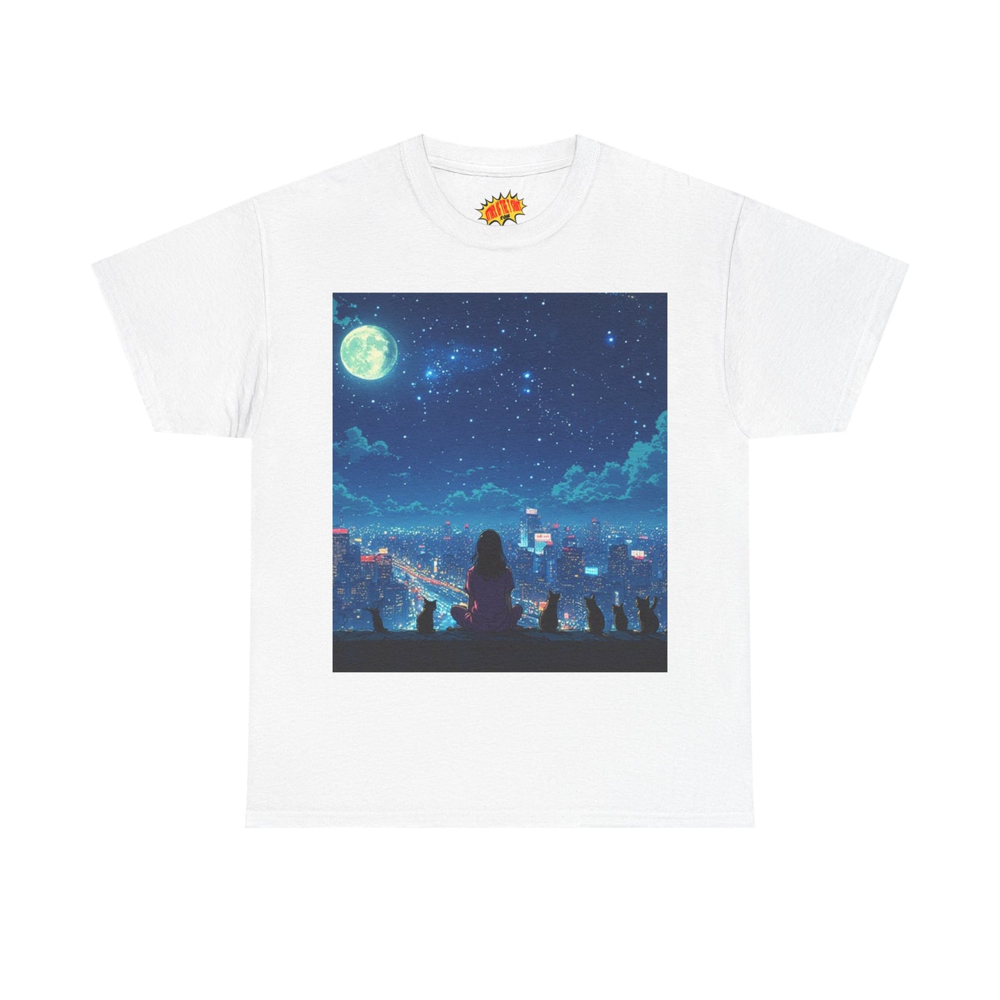 Anime Full Moon City Scene w/Girl & Cats T-Shirt *Multiple Colors*