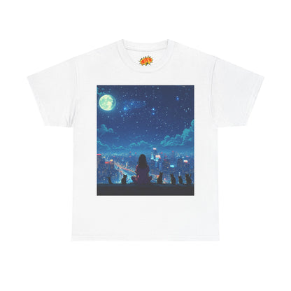 Anime Full Moon City Scene w/Girl & Cats T-Shirt