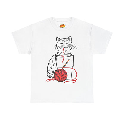 Cat w/Noodle Cup + Yarn Ball Art Drawing Tee Shirt