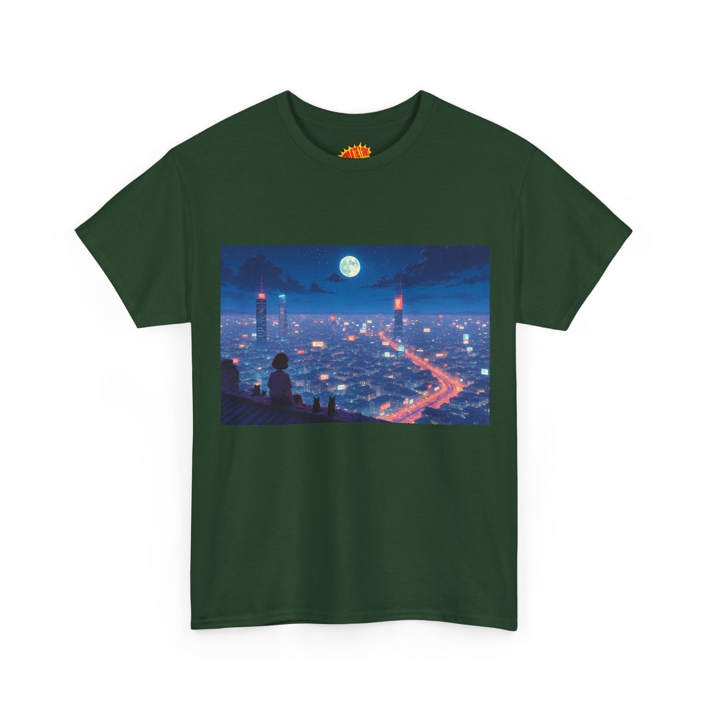 Anime Neon City Full Moon Scene w/Girl & Cats T-Shirt *Multiple Colors*