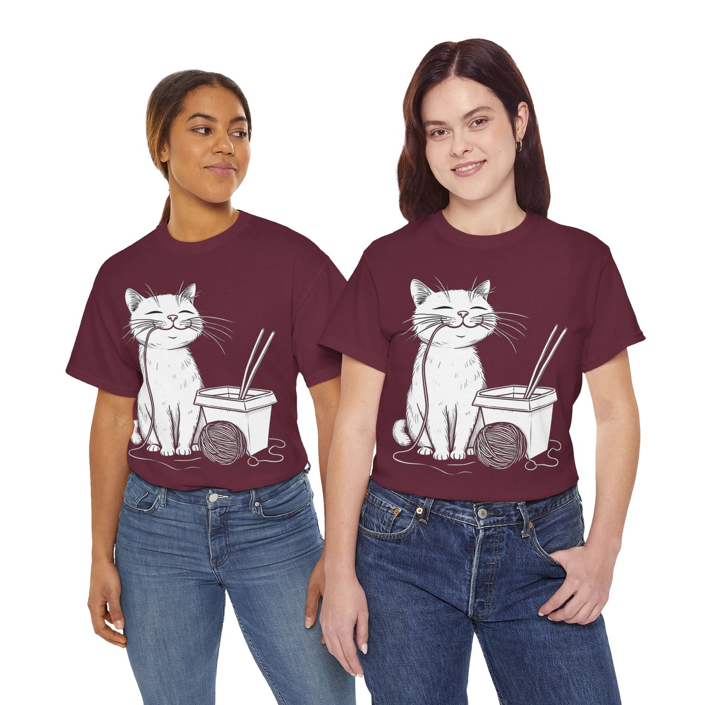 Happy Cat w/Noodles + Yarn Ball Art Drawing Tee Shirt *Multiple Colors*