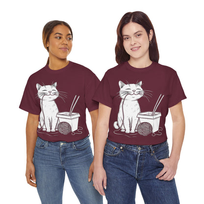 Happy Cat w/Noodles + Yarn Ball Art Drawing Tee Shirt
