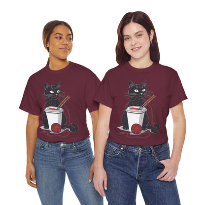 Black Cat w/Noodles + Yarn Ball Art Drawing Tee Shirt