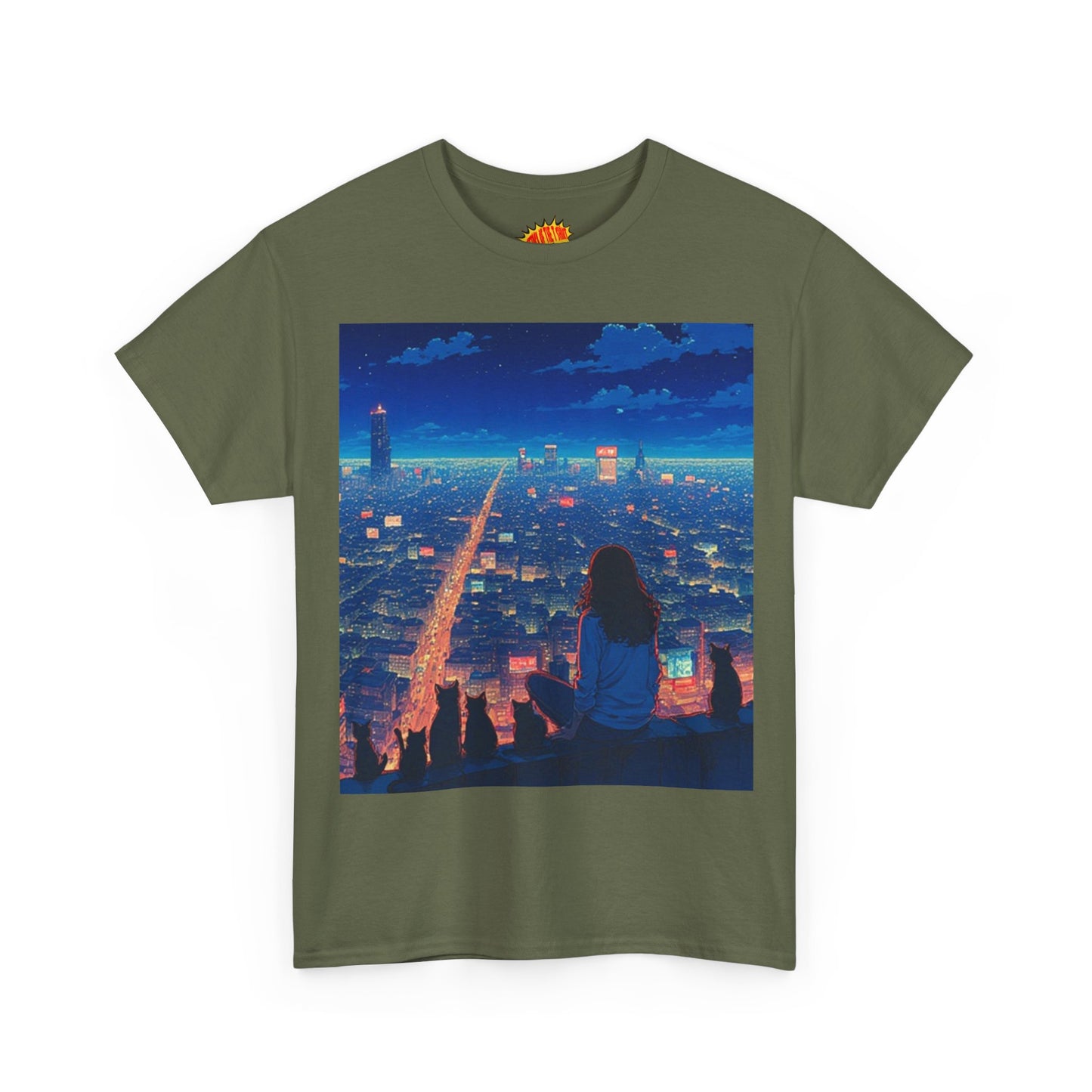 Anime Cityscape Night Sky Scene w/Girl & Cats T-Shirt *Multiple Colors*