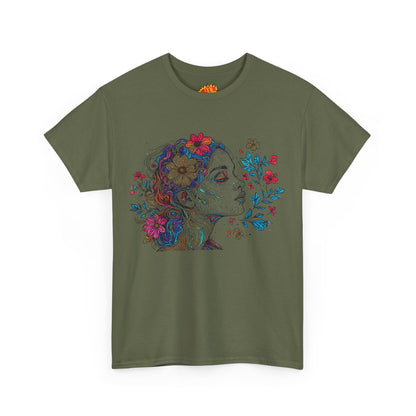 Multicolor Line Drawing Human Graphic Flower Art Tee Shirt