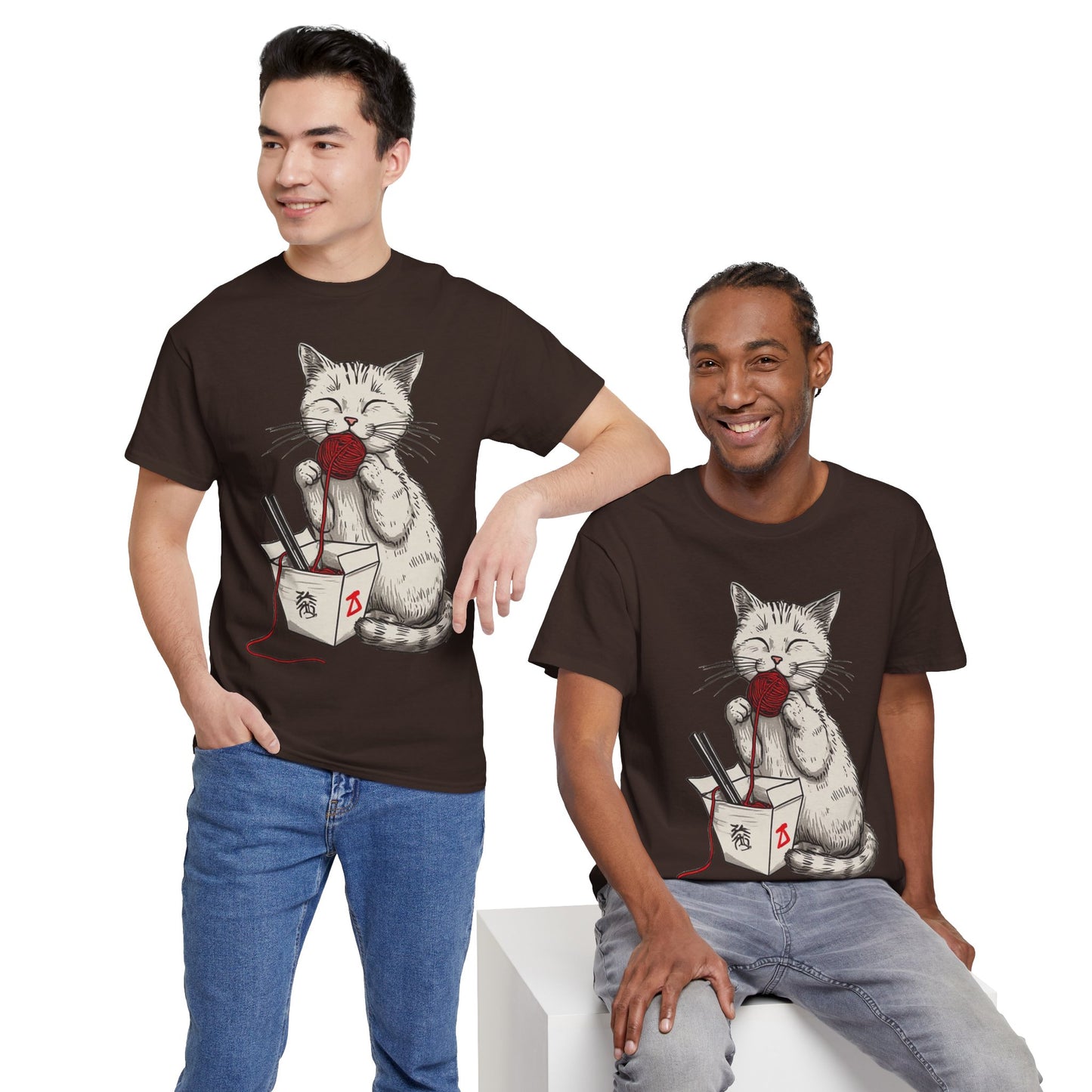 Cat w/Takeout Yarn Noodles Art Tee Shirt *Multiple Colors*