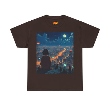 Neon City Anime Night Scene w/Girl & Cats T-Shirt