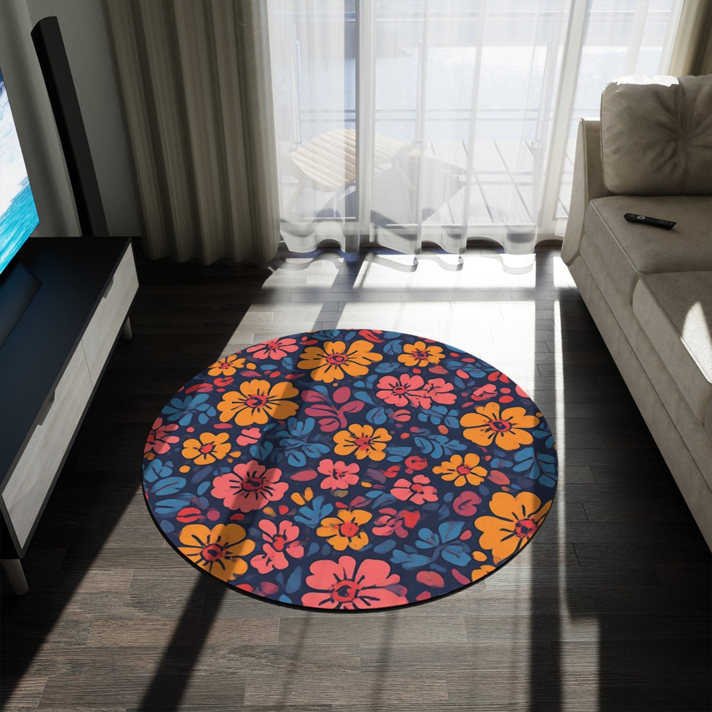 Retro Flower Pattern 60's/70's Style Area Rug - 60in Diameter Round Rug 3