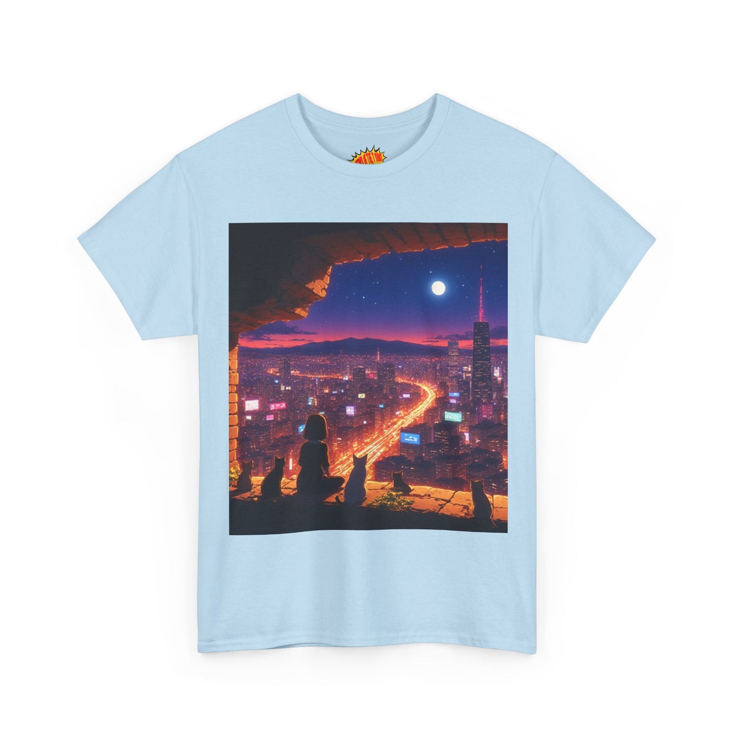 Anime Neon Cityscape Full Moon Scene w/Girl & Cats T-Shirt *Multiple Colors*