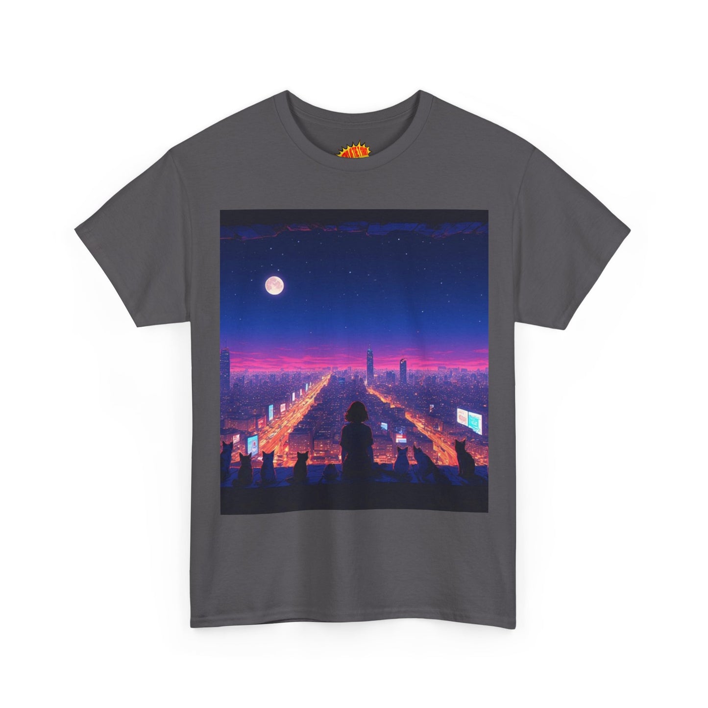 Anime City Full Moon Scene w/Girl & Cats T-Shirt *Multiple Colors*
